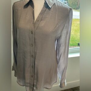 **Chico's Elegant Shimmering Silver Button-Down Shirt with split tail .